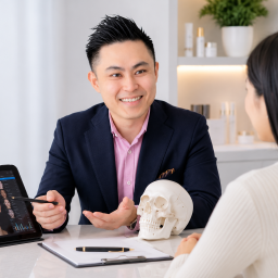 Professional skin consultation at a Malaysian skin clinic where a doctor reviews facial assessment findings and discusses personalized treatment planning, skin health, healthy aging, and wellness-focused care.