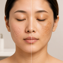 Scar and pigmentation treatment options at a functional medicine and aesthetic clinic in Malaysia — close-up comparison of acne scars and post-inflammatory pigmentation on facial skin, highlighting personalized skin rejuvenation solutions at Revix Clinic.