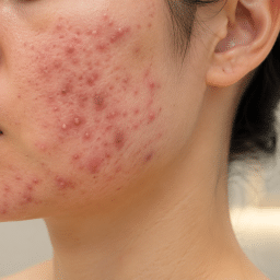 Severe inflammatory acne on the cheek and jawline of a young adult, showing active breakouts, redness, and acne lesions before treatment at a medical aesthetic and skin clinic in Malaysia.